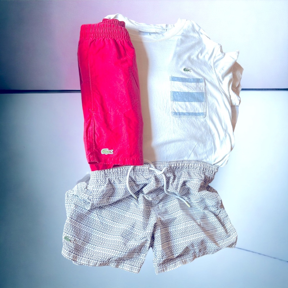 Lacoste Swim Trunks Mens Size 
Large Red Embroidered Croc and one Medium